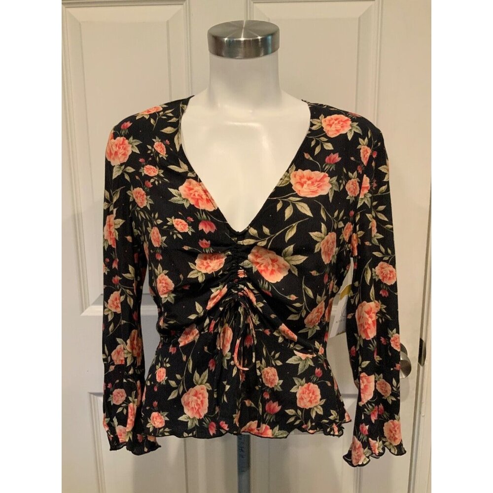 Zara Women Black V-Neck Shirt W/ Pink Floral Pattern & Cinch Tie, Size Medium